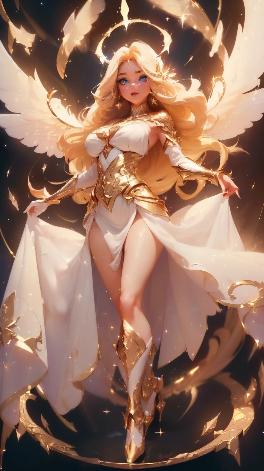 ((Magnificent, celestial, floating above ground)) ((posing sexy complete body)) ((beautiful russian supermodel is a celestial angel)) ((Big bright blue eyes)), ((dark eyeshadows make up)) ((bright red lipstick)), ((with seductive gaze)) ((very long light blonde hair))((huge breasts:1.5)) ((perfect slender body:1.3)) ((small waist;1.3)) ((wears sexy fantasy long white dress with gold ornament, long fabric tail)) ((gauntlet and white stocking, gold high heel boots)) ((halo of light and gold over her head and behind her, (((three pair of big white wings))) ((glowing magic sparks particles floating around))((with black sky background and white light reflectors on her)), ((high definition:1.5), ((amazing lights and shadows)) ((masterpiece:1.5))((8k:1.5)) ((Best quality:1.4))