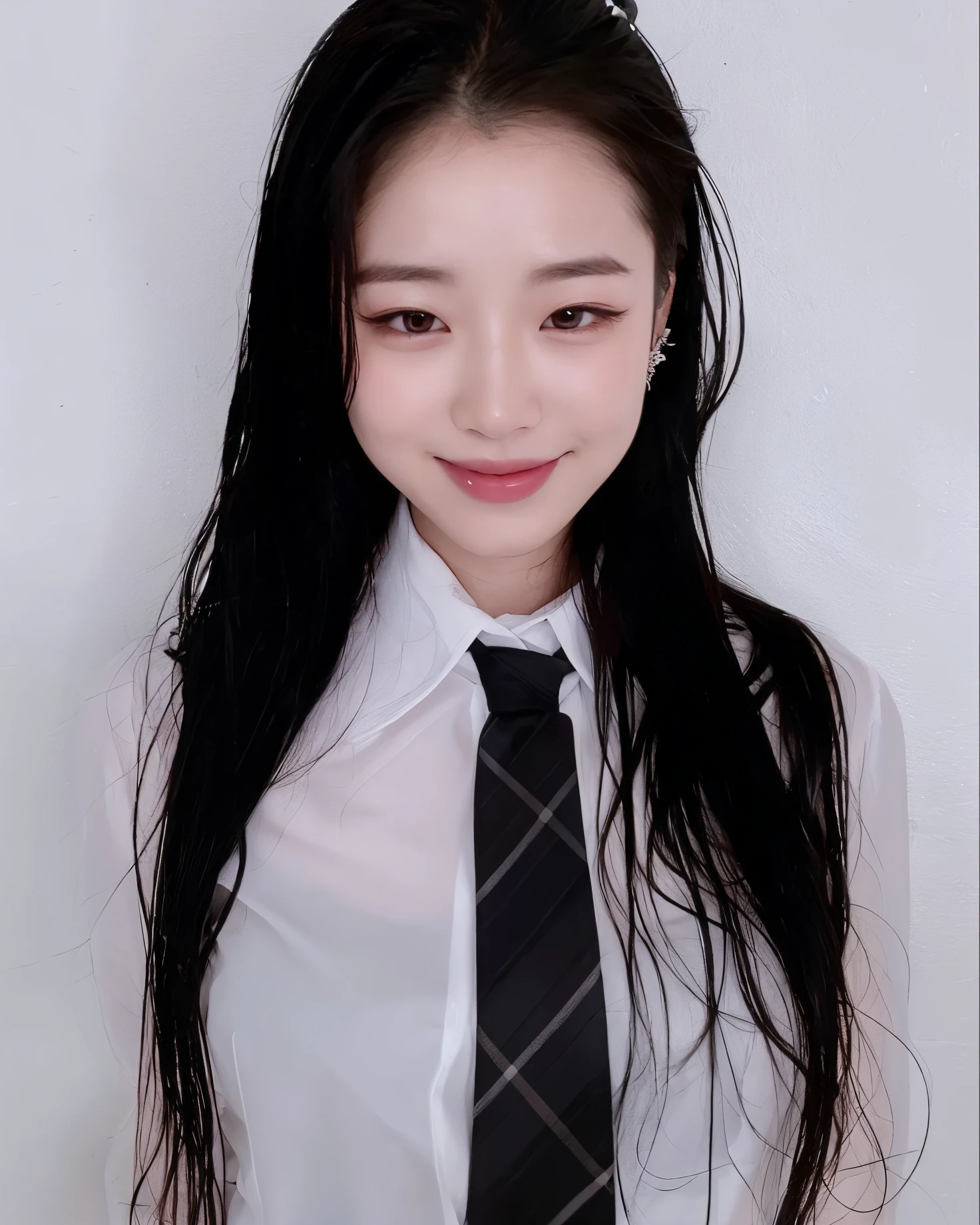 there a woman with long hair wearing a tie and a white shirt, jaeyeon nam, heonhwa choe, sakimichan, korean girl, ulzzang, jinyoung shin, with long hair, wan adorable korean face, taejune kim, lee ji - eun, lee ji-eun, with black pigtails, glossy from rain
