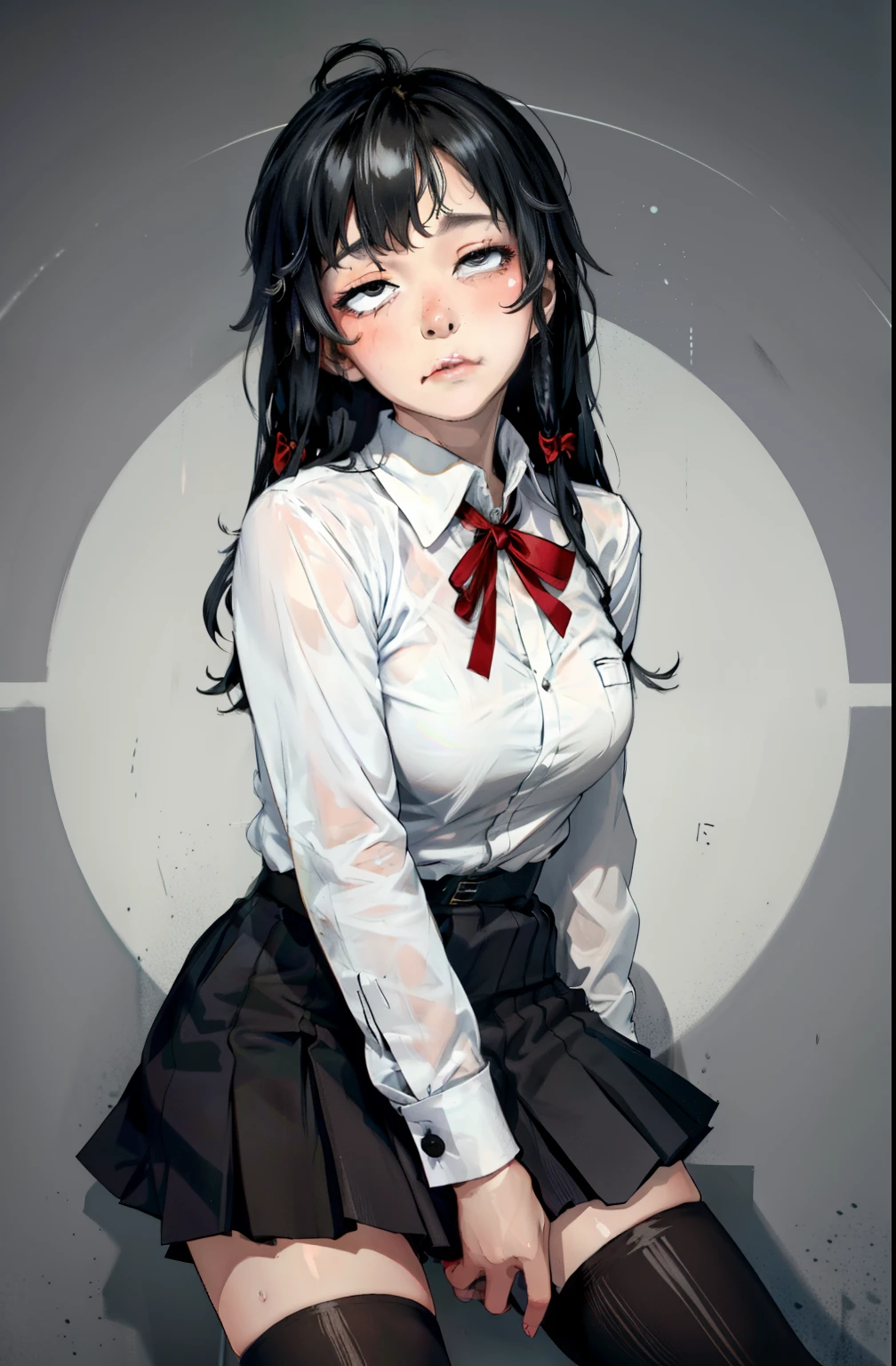 1 girl as yukino yukinoshita, absurdres, highres, solo, school uniform, big breasts, waist long black hair, (twintails:0.5), miniskirt, black thighhigh socks, loose red ribbon, unbuttoned white shirt, (ahegao:1.1), (rolling eyes:1.1), (female masturbation:1.1)