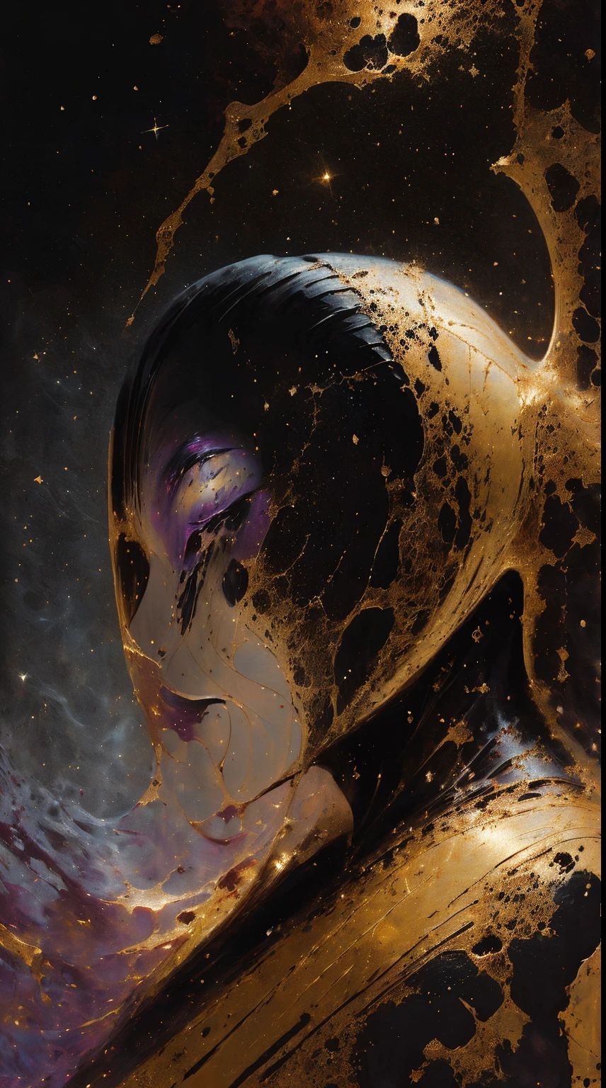 (body formed by galactic liquid mauevine and black metallic paint twisting into a beautiful interpretation of the female figure), au naturel,((complex galactic metallic colours in the foreground)), (( fluid mechanics, the loveliest smooth scale face makeup, smirky expression)) - red, black and gold, onyxia, metallic color palette g0s1