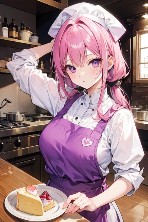 A pink haired female chef  with violet eyes is holding a cake