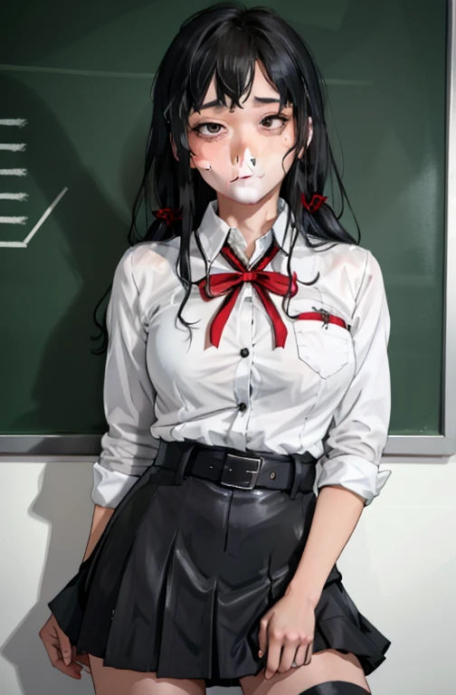 1 girl as yukino yukinoshita, absurdres, highres, solo, school uniform, big breasts, waist long black hair, (twintails:0.5), miniskirt, black thighhigh socks, loose red ribbon, unbuttoned white shirt, (ahegao:1.1), (rolling eyes:1.1), (female masturbation:1.1)