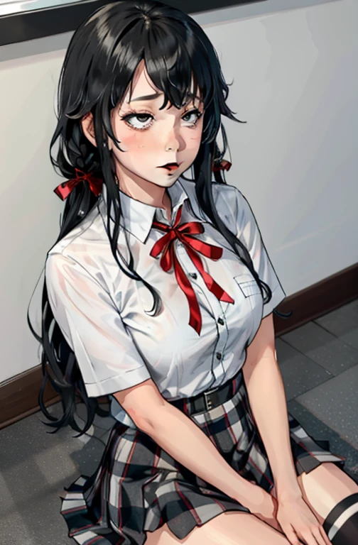 1 girl as yukino yukinoshita, absurdres, highres, solo, school uniform, big breasts, waist long black hair, (twintails:0.5), miniskirt, black thighhigh socks, loose red ribbon, unbuttoned white shirt, (ahegao:1.1), (rolling eyes:1.1), (female masturbation:1.1)