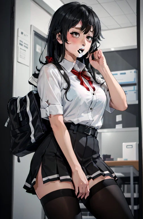 1 girl as yukino yukinoshita, absurdres, highres, solo, school uniform, big breasts, waist long black hair, (twintails:0.5), miniskirt, black thighhigh socks, loose red ribbon, unbuttoned white shirt, (ahegao:1.1), (rolling eyes:1.1), (female masturbation:1.1)