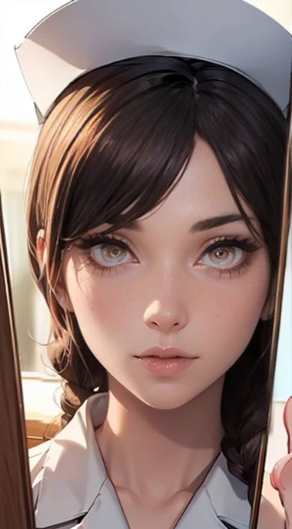 (because it includes specific human attributes, please include all the following attributes clearly: detailed eyes, detailed lips, extremely detailed eyes and face, long eyelashes) sexy nurse, POV, mirror, self-reflection, horny eyes, self-adoration, lust, detailed eyes, detailed lips, extremely detailed eyes and face, long eyelashes, seductive gaze