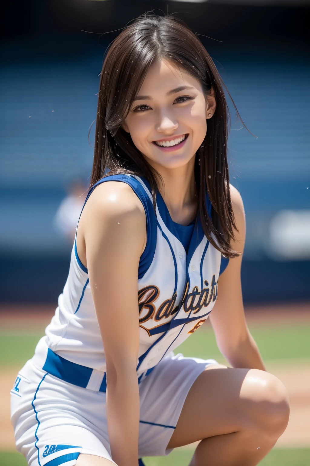 (Best Quality, 8K, 32K, masutepiece, nffsw:1.2), (1 slender woman of Japan, 28 years old, Tall gravure model), dark brown hair, Bright foreground, Professional Lighting, Photon mapping, Radio City, shading:1.3, (high-detail skin:1.2), Huge breasts:1.5, (Shorts, exposed shoulder:1.1), squatting with legs open, ((Provocative Dynamic Poses)), (She got wet), top-down view:1.5, (baseball uniform:1.1, ), hyperdetailed face, Detailed lips, Detailed eyes, Double eyelids, Inside the stadium, Looking Camera, ( Staring at the photographer, lips slightly open) crystal clear skies, Baseball Stadium, The audience gets excited, Confetti flies, Happy smile,