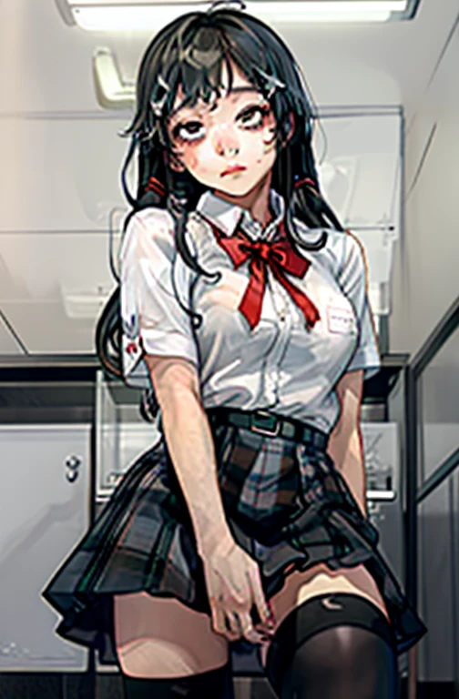 1 girl as yukino yukinoshita, absurdres, highres, solo, school uniform, big breasts, waist long black hair, (twintails:0.5), miniskirt, black thighhigh socks, loose red ribbon, unbuttoned white shirt, (ahegao:1.1), (rolling eyes:1.1), (female masturbation:1.1)