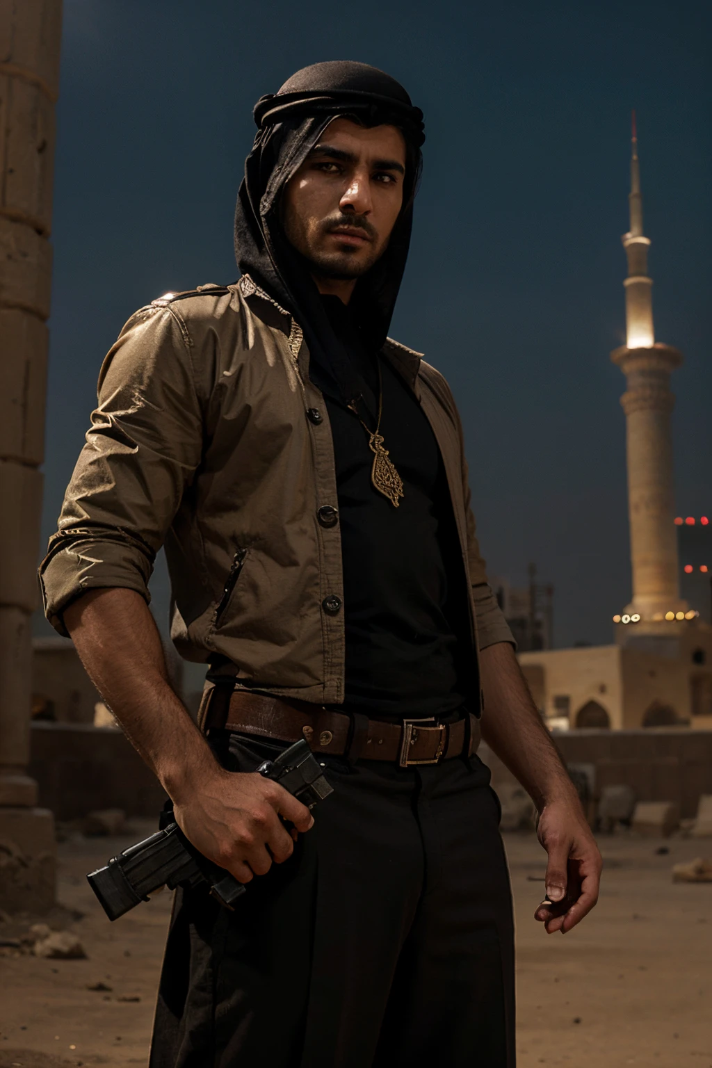 create a illustration of a character Arabic male holding a gun