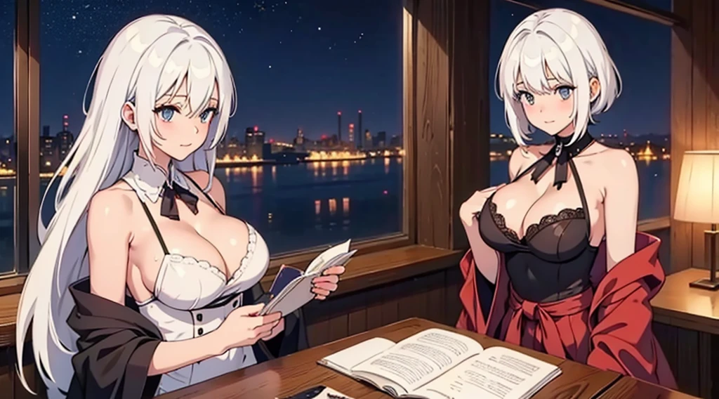 one sexy white hair anime girl sit and studying, big breasts cleavage, night outside