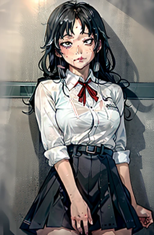 1 girl as yukino yukinoshita, absurdres, highres, solo, school uniform, big breasts, waist long black hair, (twintails:0.5), miniskirt, black thighhigh socks, loose red ribbon, unbuttoned white shirt, (ahegao:1.1), (rolling eyes:1.1), (female masturbation:1.1)