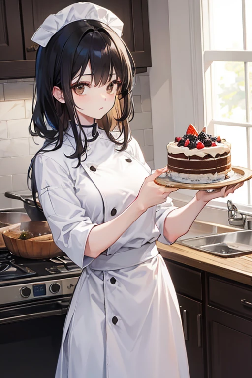 A black haired female chef with brown eyes is holding a cake.