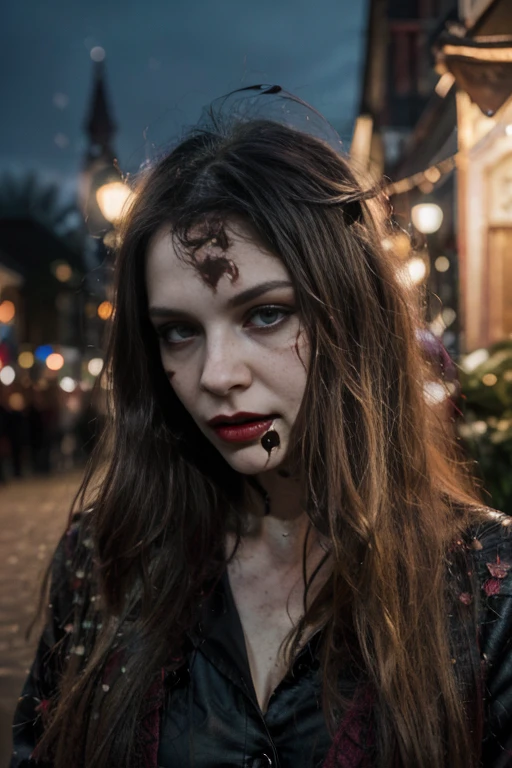 there is a woman with blood on her face, vampire girl, with fangs, vampire portrait, female vampire, woman vampire, scary vampire, scary look, portrait of beautiful vampire, vampire, carmilla vampire, androgynous vampire, beautiful female vampire, dark vampire, portrait of a vampire, evil look, portrait of a lady vampire, fairground rides, night sky, many lights in the background, 8k, Best quality, Masterpiece, ((bangs)), long hair, blonde hair, photographed by someone else, (8K, Best quality: 1.2), (Masterpiece: 1.37), (Photo, Photo, Realistic: 1.37), (Ultra High Resolution), Walking Pose, Front Shot, Slow Motion, (Crazy Detail, Bloom: 1.5), (Higher Quality high, Alessandro Casa Grande, Greg Rutkowski, Sally Mann, concept art, 4K), (Simulation: 1.2), (High Definition), (Detailed student: 1.1), Detailed face and eyes, Masterpiece, Best quality, (Very photo Detailed: 1.1), (Young Woman: 1.1), Sharp, (Perfect Figure: 1.1), Realistic, Realistic Shadow, 3D, (Temple Background: 1.2), Canan EOS R6 Photo, 135mm, 1/1250 sec, f/2.8, ISO 400