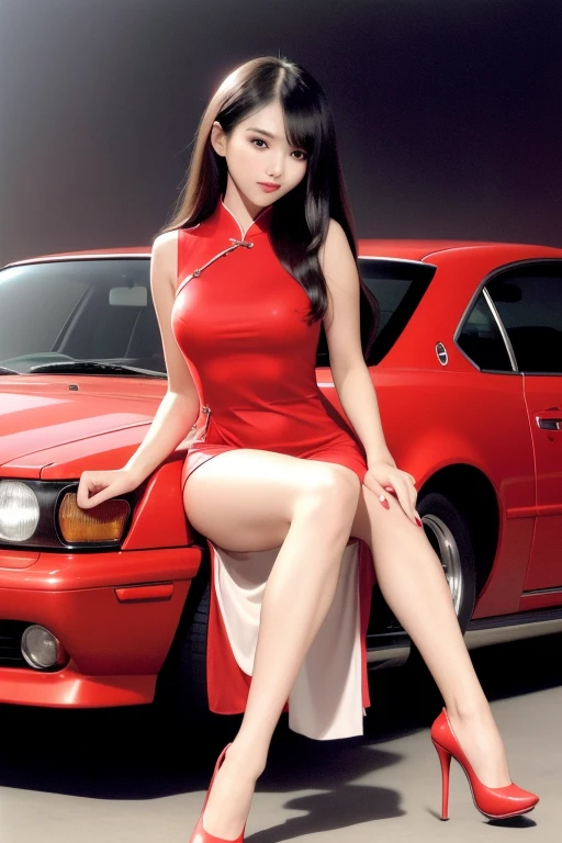 Car photography in Japanese cherry scenery, sunset, ultra detailed, young Korean woman, (wearing elegant pearl stringed bracelet) , ((wearing pearl stringed thigh band)) ,(sitting on top of a sportcar), crossed legs, beautiful face, (dressed in a long red sleeveless classic cheongsam dress), medium length hair, ((hair flowing beautifully in the wind)) , perfect smooth legs, smiling, (((soft rim lighting))), wide angle, glamorous and classy, ((very short red finger nail polish)), (pair of red high heeled mary janes shoes) , posing, perfect eyes, firm large sized breasts, cherry flower ornament in her hair, exposed thighs, crossed arms , long elegant elbow gloves,