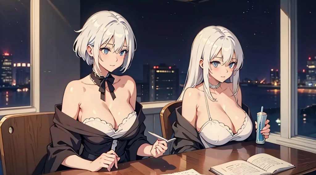 one sexy white hair anime girl sit and studying, big breasts cleavage, night outside