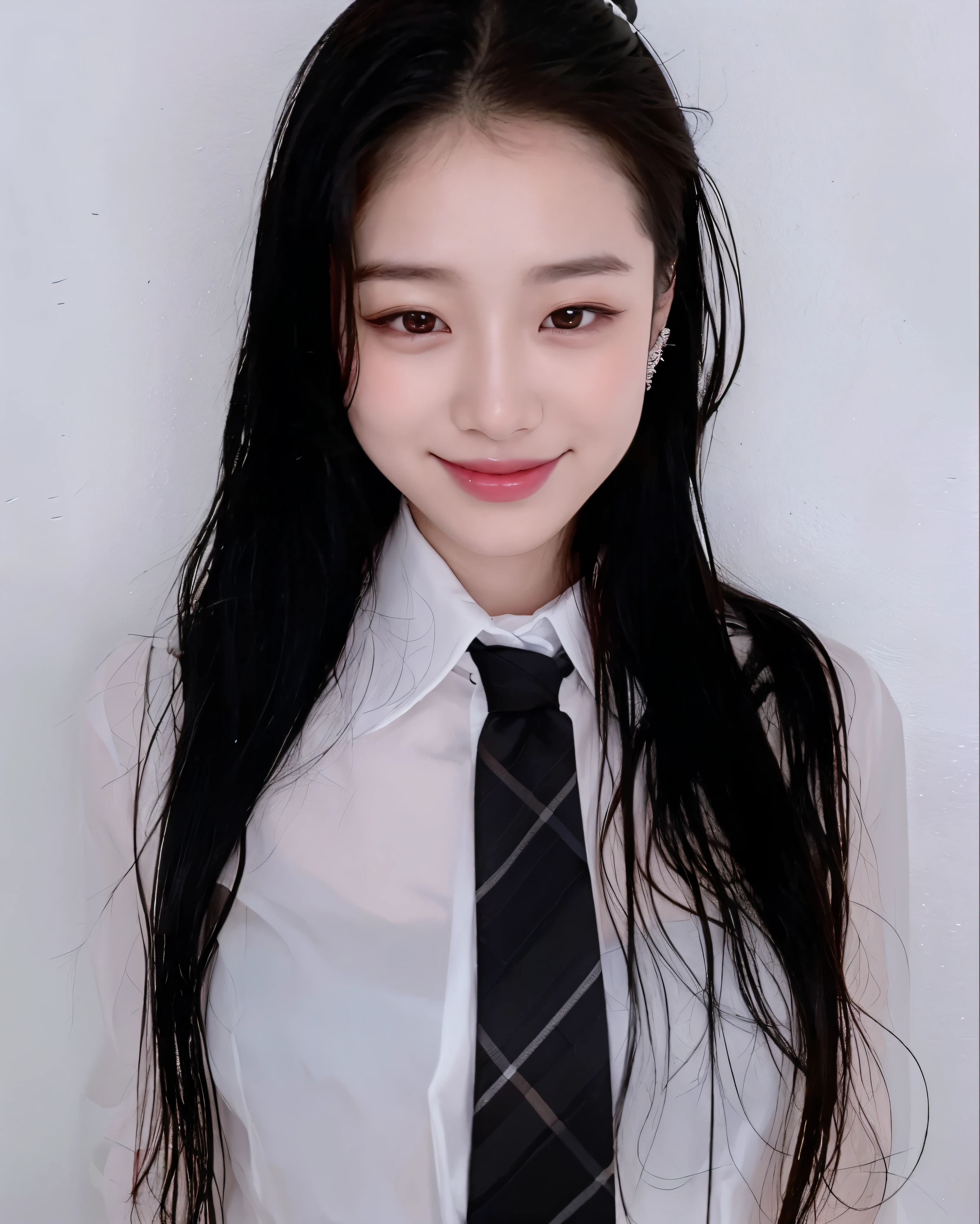 Arafed asian woman with long black hair wearing a white shirt and tie ...