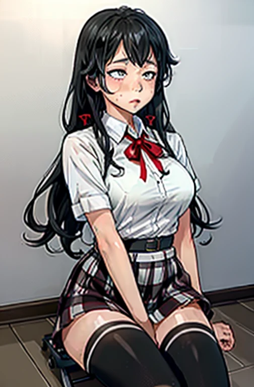 1 girl as yukino yukinoshita, absurdres, highres, solo, school uniform, big breasts, waist long black hair, (twintails:0.5), miniskirt, black thighhigh socks, loose red ribbon, unbuttoned white shirt, (ahegao:1.1), (rolling eyes:1.1), (female masturbation:1.1)