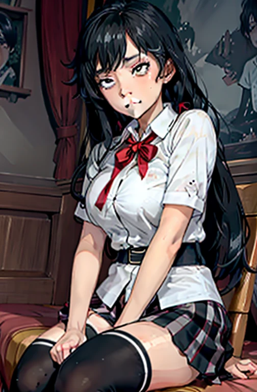 (full figure:1.1), 1 girl as yukino yukinoshita, absurdres, highres, solo, school uniform, small breasts, waist long black hair, (twintails:0.5), (pleated miniskirt:1.4), (black thighhigh socks:1.1), loose red ribbon, unbuttoned white shirt, (ahegao:1.5), (rolling eyes:1.5), (torn clothes:1.5), (naked breastss:1.2), spread legs,