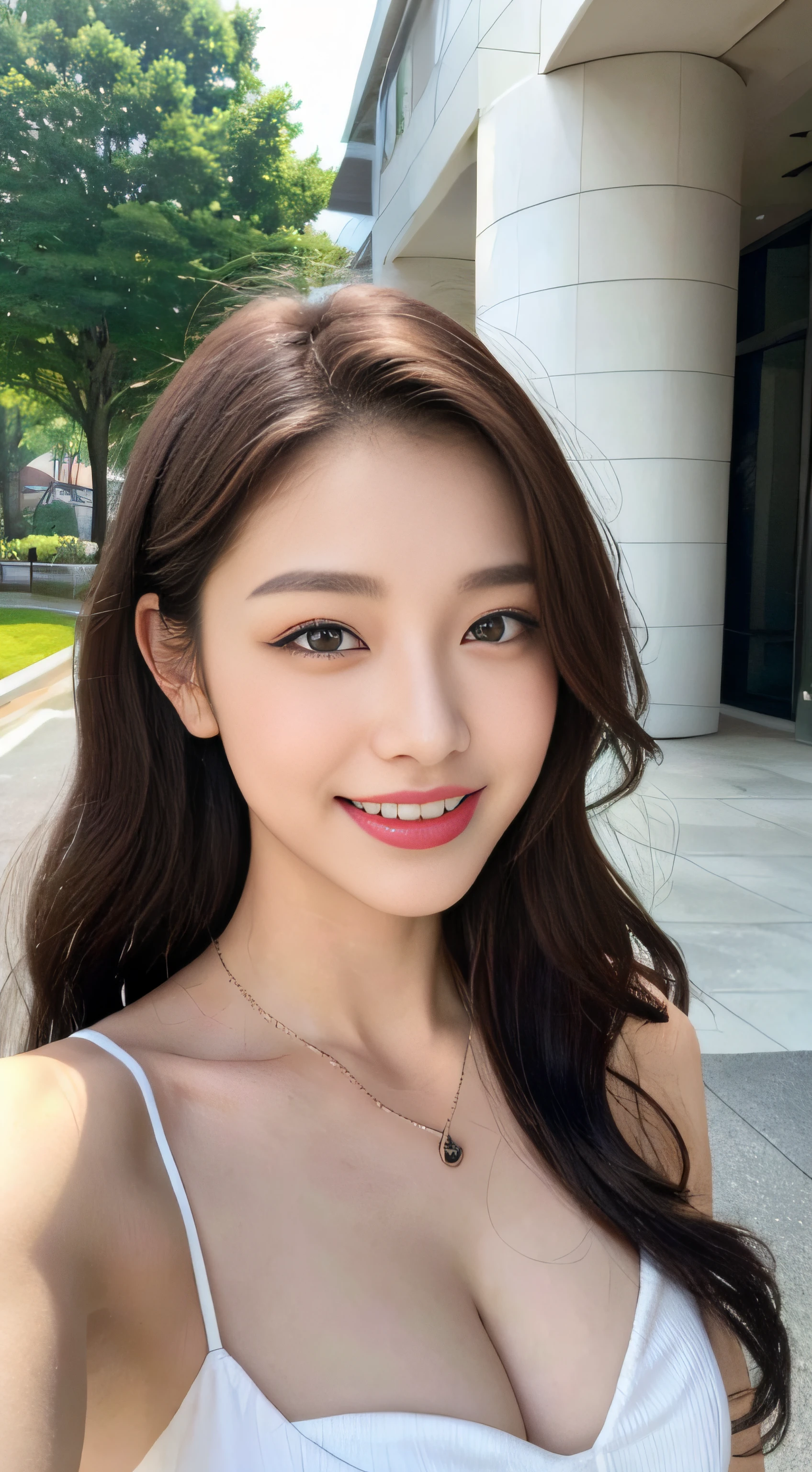 (best qualtiy,A high resolution,tmasterpiece:1.3),A tall and beautiful woman,Slender abs,Dark hair in loose wavy styling,nedium breasts,Wear a pendant,(White tight nightdress:1.3),(Modern architecture in background),Beautifully rendered details in face and skin textures,Detailed blue/green eyes,red glossy lips, 二重まぶた,(grin:1.3)