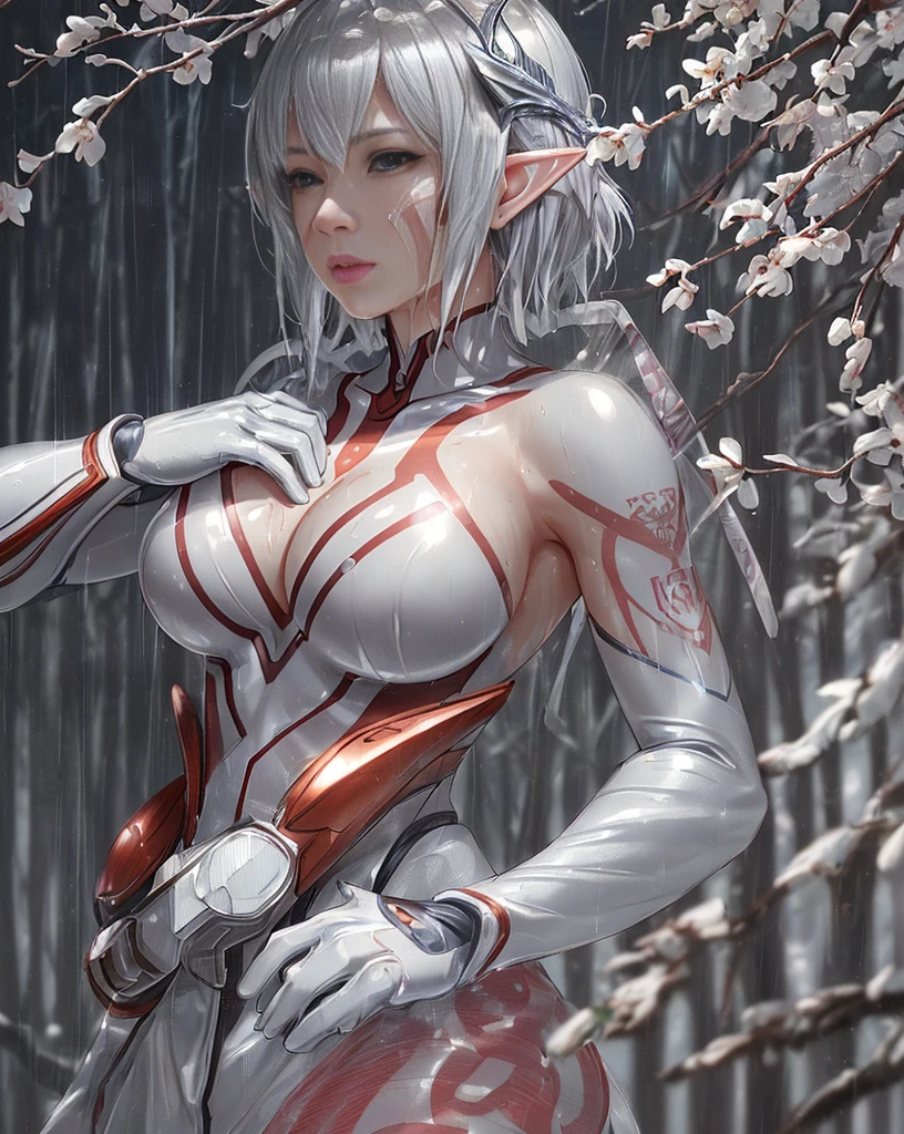 {{dressed as ({{{{{{[red:2.0](ultraman bodypaint)}}}}}} and {{{[red:2.0](ultraman tatoo)}}})}}},Imogen Poots, Huge breasts (8K, Raw photo, of the highest quality, masutepiece: 1.2), (Realistic, Photorealistic: 1.37), Wet body, thick legs, Wet hair, Wet face, Wet clothing, Beautiful, the woods, Night, Rain, Wet, Professional Lighting, Photon mapping, Strapless, strapless photography, Radio City, Tulle fabric, neckline, Crown of branches, chest covered with leaves, Physicalized rendering, Beautiful, elf,  high quality photograph, High resolution, 1080p, (Clear face), (Detailed face description), (Detailed hand description), (masutepiece), (Elaborate CG), extreme light and shadows, short straight gray hair, masutepiece, Richly detailed facial features), (top quality photo), (masutepiece), (Detailed eye), look in front of you eyes, Kissing face