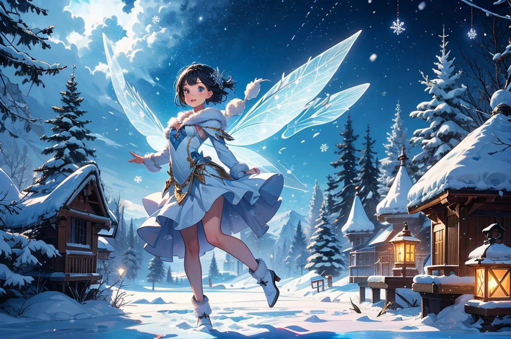 Create an enchanting and whimsical scene featuring a delightful fairy gracefully perched on a delicate snowflake. The snowflake should be caught in a gentle whirlwind, with the fairy's ethereal wings fluttering in the wind. Infuse the scene with a sense of magic and charm, emphasizing the fairy's cuteness and the intricate details of the snowflake. Let the colors evoke a winter wonderland, and ensure that the overall ambiance is both enchanting and heartwarming. Be creative with the fairy's appearance, and bring to life the joyous dance of this magical creature on the snowflake.