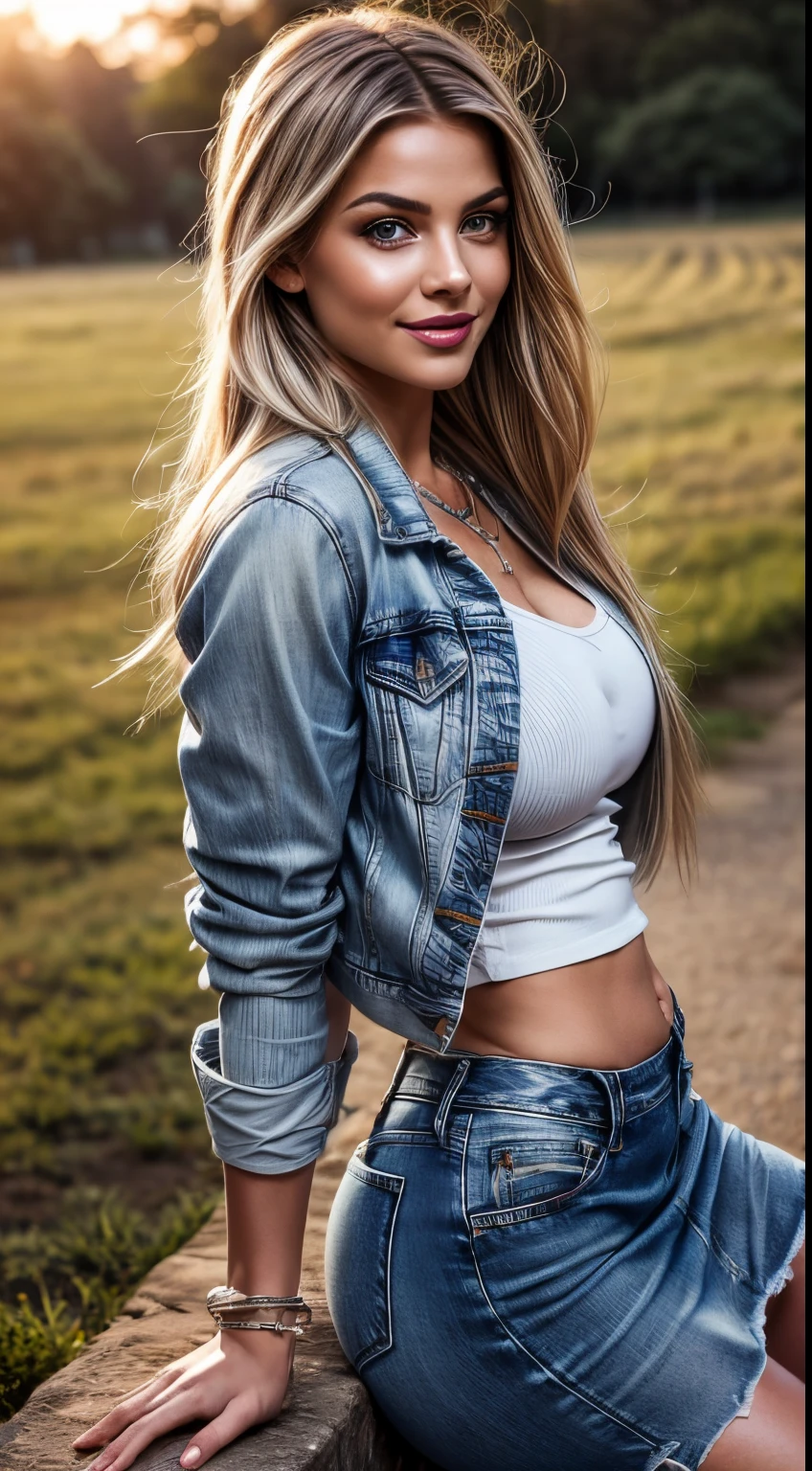 (masutepiece, Best Quality), ultra-detailliert, Photorealsitic, Beautiful woman with gray hair, Braided hair, ((denim jackets)), Denim Tight Long Skirt, ((Light White Open Shirt)), (sexy underwear), Knitted sandals, a necklace, Wavy Hair, Perfect face, Beautiful face, enticing, big gorgeous eyes, blue eyess, I have my mouth wide open, Pink lips, seducting smile, Glamorous body, Plump body, chubby body, Big ass, (plein air), Rural town, Pasture, Bright colors, Sit up, Poses to seduce, suggestive pose