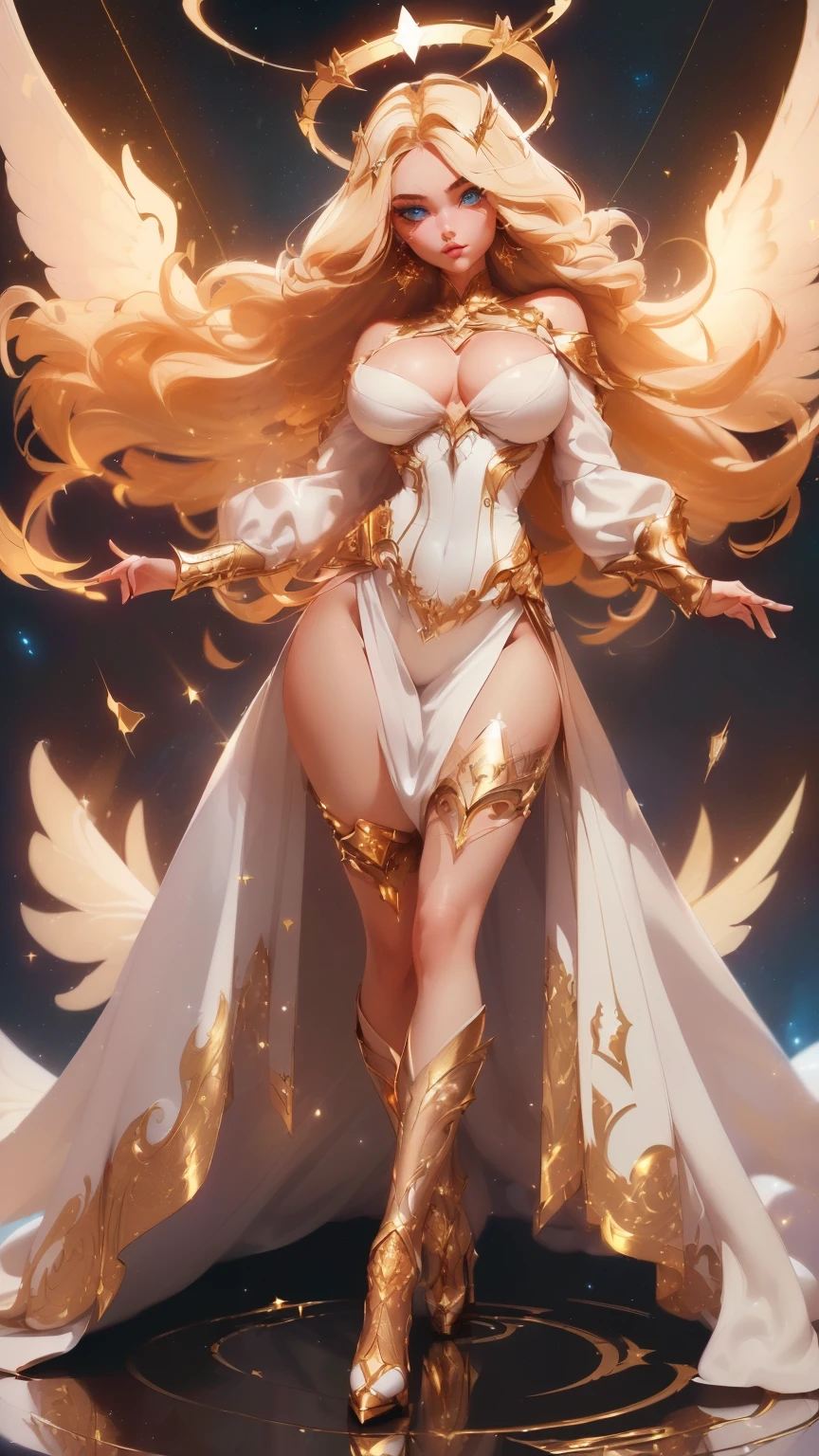 ((Magnificent, celestial, floating above ground)) ((posing sexy complete body)) ((beautiful russian supermodel is a celestial angel)) ((Big bright blue eyes)), ((dark eyeshadows make up)) ((bright red lipstick)), ((with seductive gaze)) ((very long light blonde hair))((huge breasts:1.5)) ((perfect slender body:1.3)) ((small waist;1.3))((long legs:1.4)) ((wears sexy fantasy white corset and tiny string thong bottom with gold ornament, long fabric tail)) ((gauntlet and white stocking, gold high heel boots)) ((halo of light and gold over her head and behind her)), (((three pair of big white wings))) ((glowing magic sparks particles floating around))((with black sky background and white light reflectors on her)), ((high definition:1.5), ((amazing lights and shadows)) ((masterpiece:1.5))((8k:1.5)) ((Best quality:1.4))