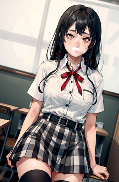 1 girl as yukino yukinoshita, absurdres, highres, solo, school uniform, big breasts, waist long black hair, (twintails:0.5), miniskirt, black thighhigh socks, loose red ribbon, unbuttoned white shirt, (ahegao:1.1), (rolling eyes:1.1), (female masturbation:1.1)