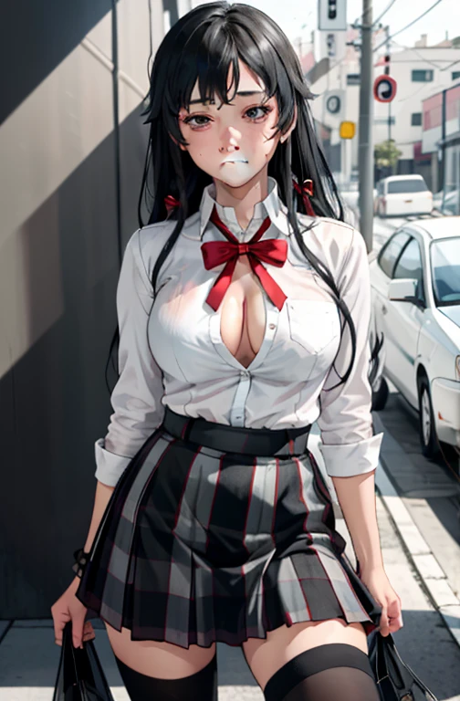 1 girl as yukino yukinoshita, absurdres, highres, solo, school uniform, big breasts, waist long black hair, (twintails:0.5), miniskirt, black thighhigh socks, loose red ribbon, unbuttoned white shirt, (ahegao:1.1), (rolling eyes:1.1), (female masturbation:1.1)