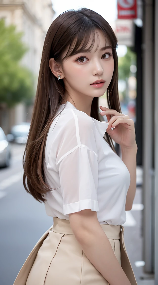(bestquality, Realistic: 1.3), 1girl in, Middlebox, Light brown hair, blunt bangs, hair behind ear, hair over shoulder, long-haired, Slender Figure, ultra-fine face, Sensitive lips, beautidul eyes, Thin blush, The eyes are light brown......., Perfect glossy skin, Flawless skin, Glittering sweat, See here......., Ultra-thin hands, Ultra-fine fingers, best ratio four fingers and one thumb, (reality:1.3), finger extension, white blouse, White short skirt, super model legs, flat. , Eye-Level Shot,  chesty, 10,Broadleaf forests (environment, in a city in France) (Random costumes,Random clothing color)