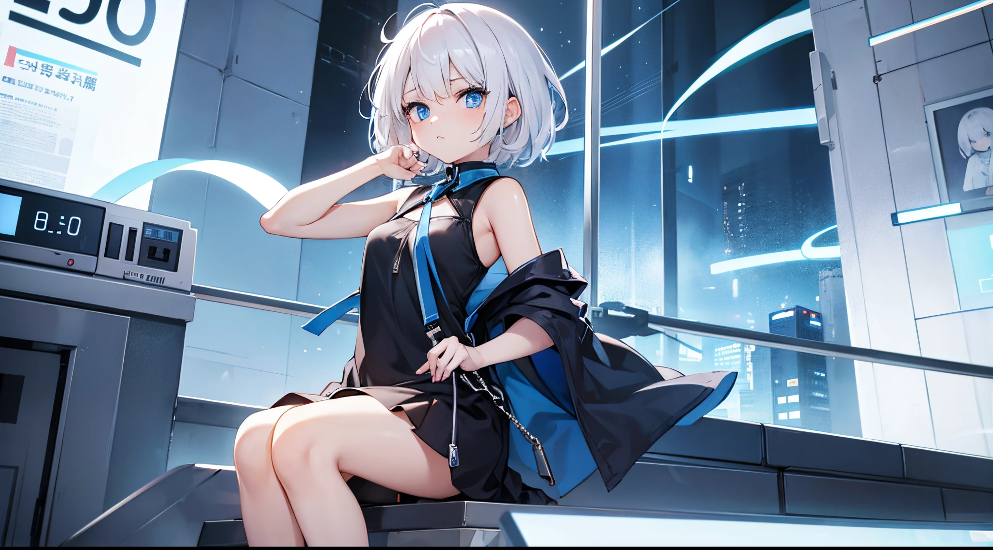white hair、blue eyess、short-hair、Cool Girl