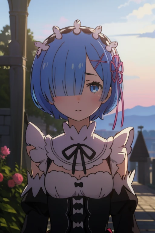 anime, hdr, soft light, ((best quality)), ((masterpiece)), (detailed), phRem, blue hair, hair over one eye, 1girl, roswaal mansion maid uniform, detached sleeves, looking at viewer, upper body, garden, blue roses, sunset