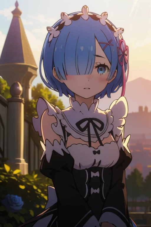 anime, hdr, soft light, ((best quality)), ((masterpiece)), (detailed), phRem, blue hair, hair over one eye, 1girl, roswaal mansion maid uniform, detached sleeves, looking at viewer, upper body, garden, blue roses, sunset