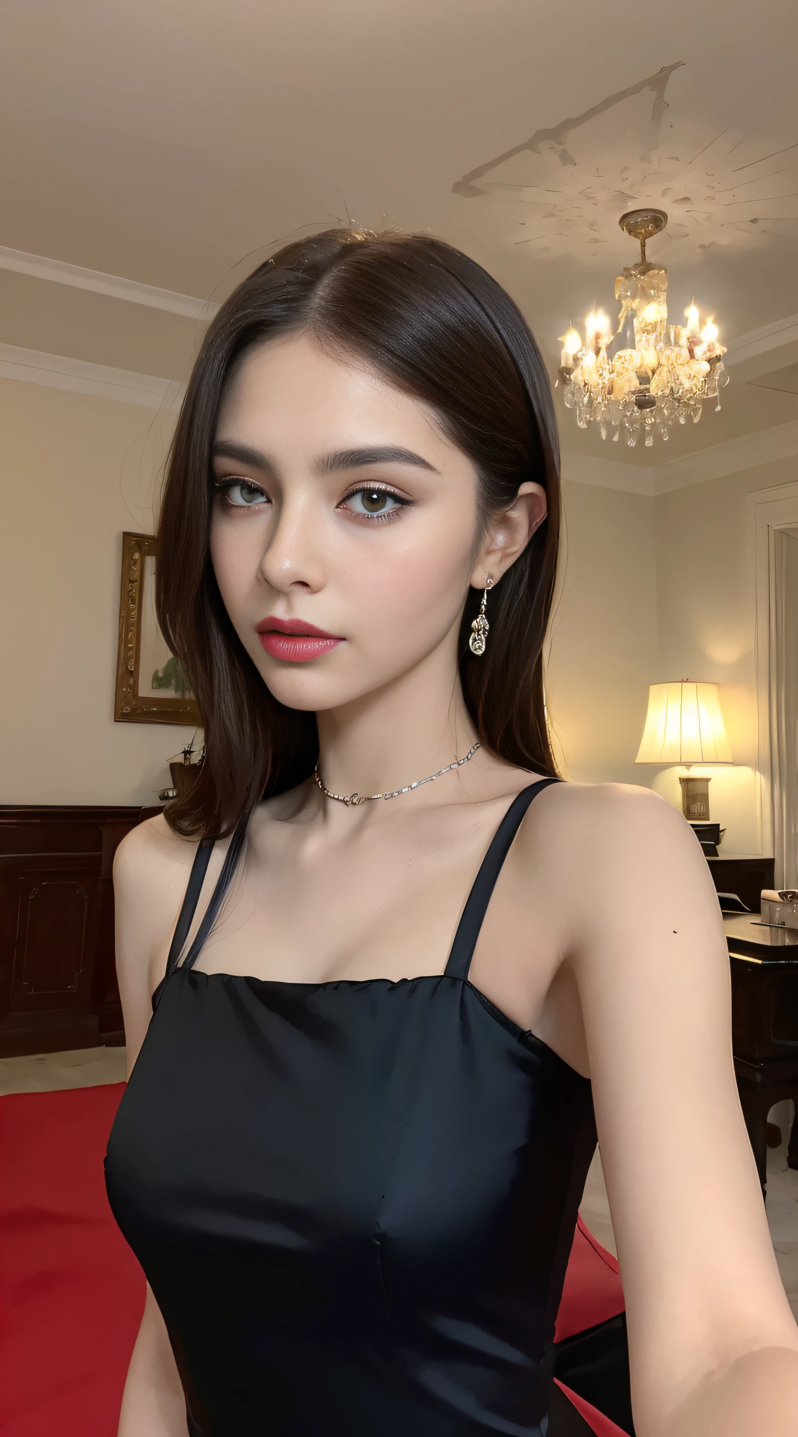 (La mejor calidad, 8k, 32K, Obra maestra, UHD:1.3),Foto de una glamorosa mujer european, 1girl, ((pechos enormes :1.5)), (Figura esbelta, cuerpo perfecto :1.2), Cabello medium-long: 1.1, (wet black erotic dress: 1.1), (interior, Noche :1.2), lie on the bed, NSFW, Cara ultra detallada,detailed red glossy lips, detailed blue or green eyes, black dress, black dress,