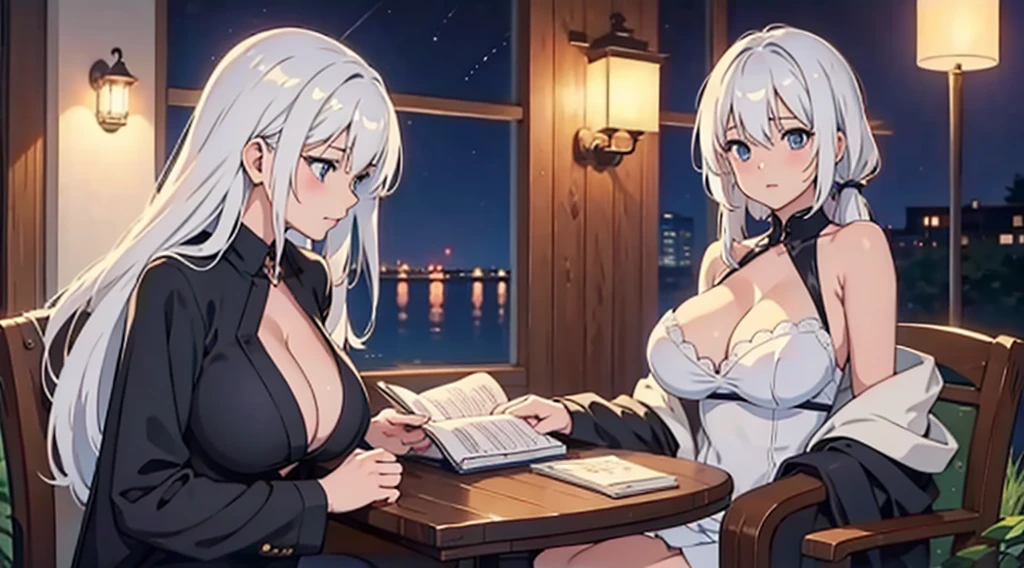 just one sexy white hair anime girl sit and studying, big breasts cleavage, night outside