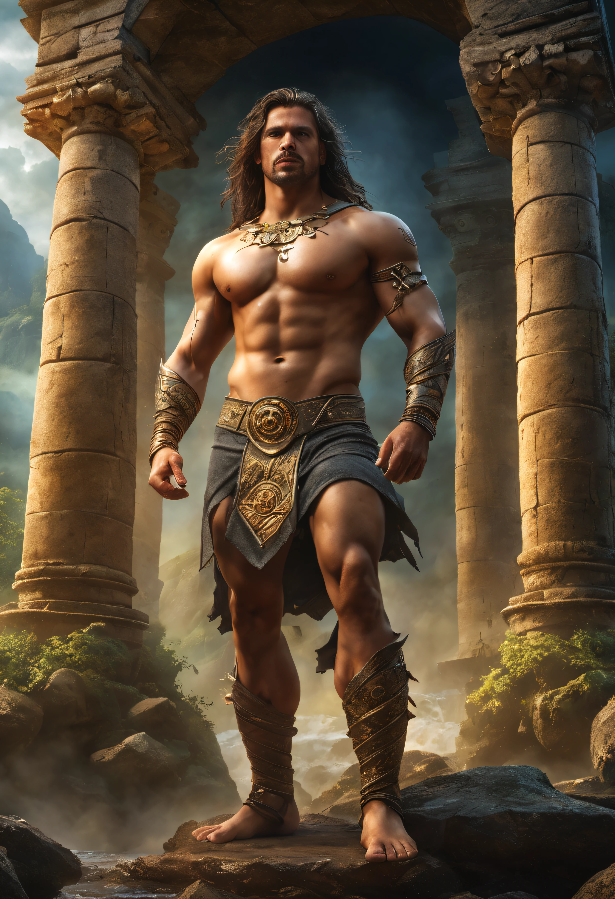 Torn Hero, Parte superior del cuerpo sin camisa, piernas reveladas desde los muslos hasta los pies, rizos largos en cascada, intrincados detalles musculares, Ilustraciones fotorrealistas, 4k-resolution. fondo: Mystical ancient ruins with glowing symbols,32K UHD, La mejor calidad, Obra maestra, Super detail, Detalles altos