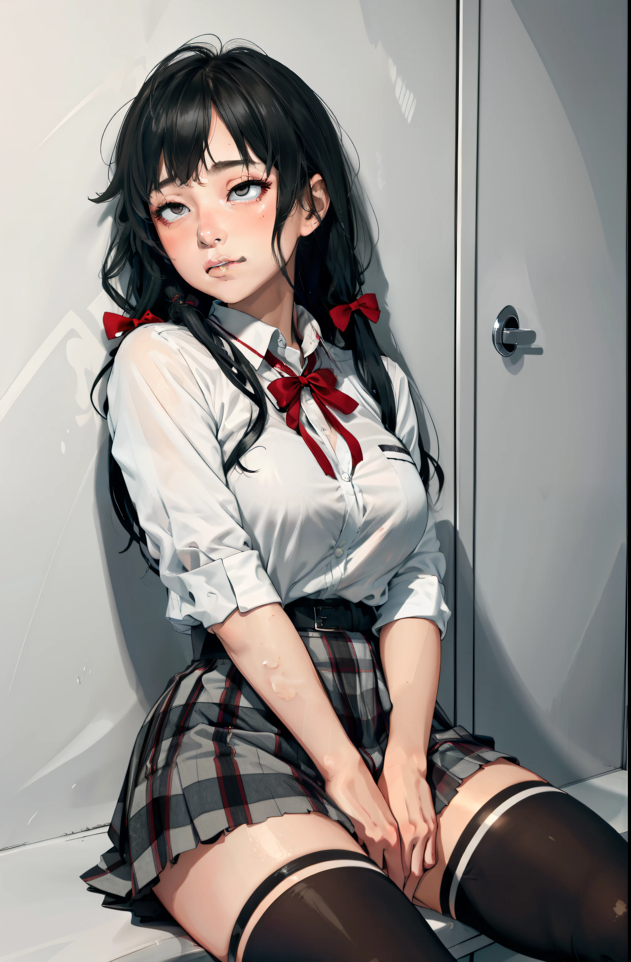 1 girl as yukino yukinoshita, absurdres, highres, solo, school uniform, big breasts, waist long black hair, (twintails:0.5), miniskirt, black thighhigh socks, loose red ribbon, unbuttoned white shirt, (ahegao:1.1), (rolling eyes:1.1), (female masturbation:1.1)