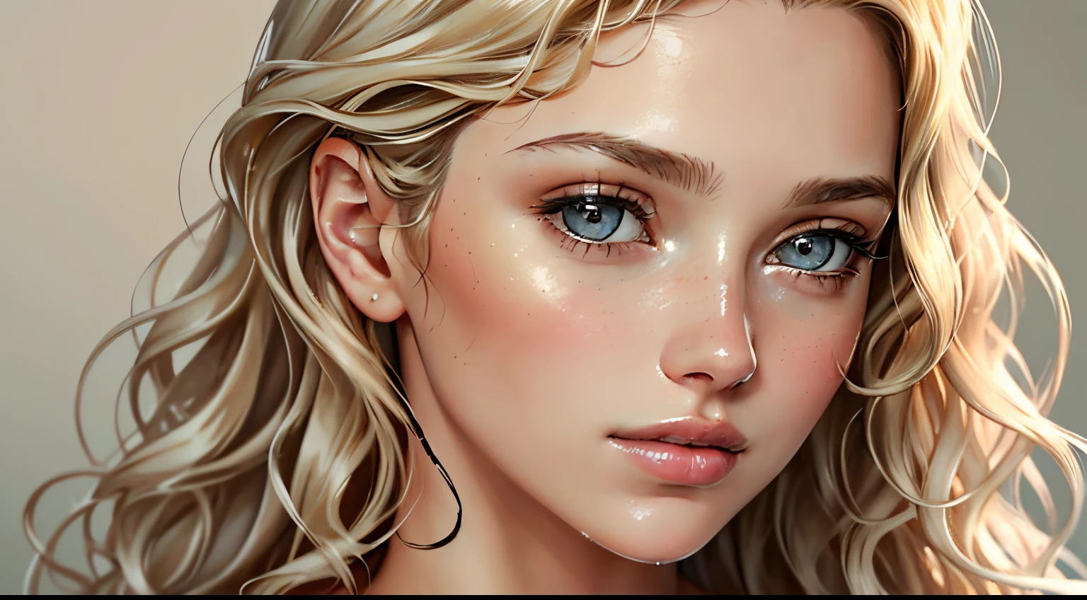 (high quality,portrait,painting),(soft skin,smooth complexion),detailed eyes fine texture,dewy lips,(natural lighting,soft light),subtle blush,sublime expression,wavy hair,neutral backdrop,subtle colors,delicate brushstrokes, beautiful, woman, blonde hair, long curly hair, grey eyes