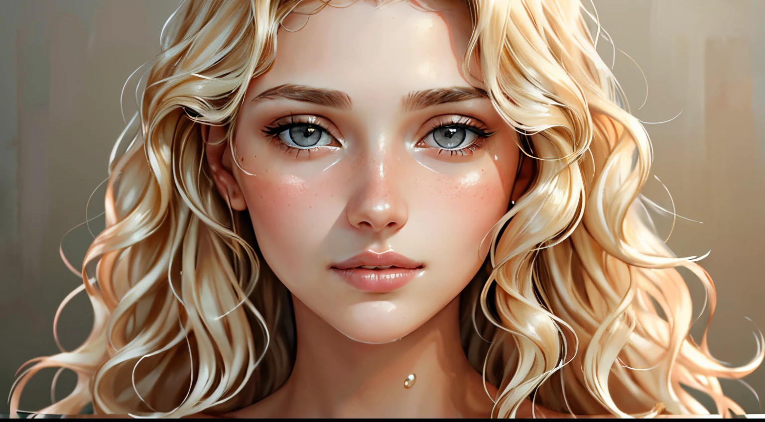 (high quality,portrait,painting),(soft skin,smooth complexion),detailed eyes fine texture,dewy lips,(natural lighting,soft light),subtle blush,sublime expression,wavy hair,neutral backdrop,subtle colors,delicate brushstrokes, beautiful, woman, blonde hair, long curly hair, grey eyes