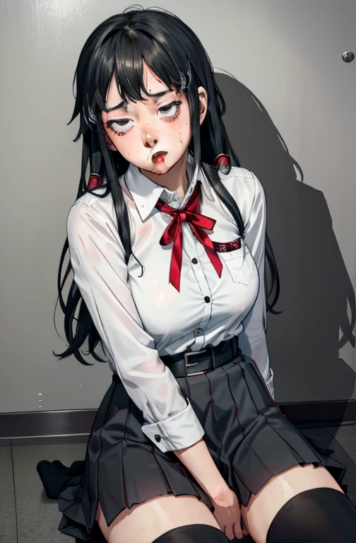 1 girl as yukino yukinoshita, absurdres, highres, solo, school uniform, big breasts, waist long black hair, (twintails:0.5), miniskirt, black thighhigh socks, loose red ribbon, unbuttoned white shirt, (ahegao:1.1), (rolling eyes:1.5), (female masturbation:1.1)