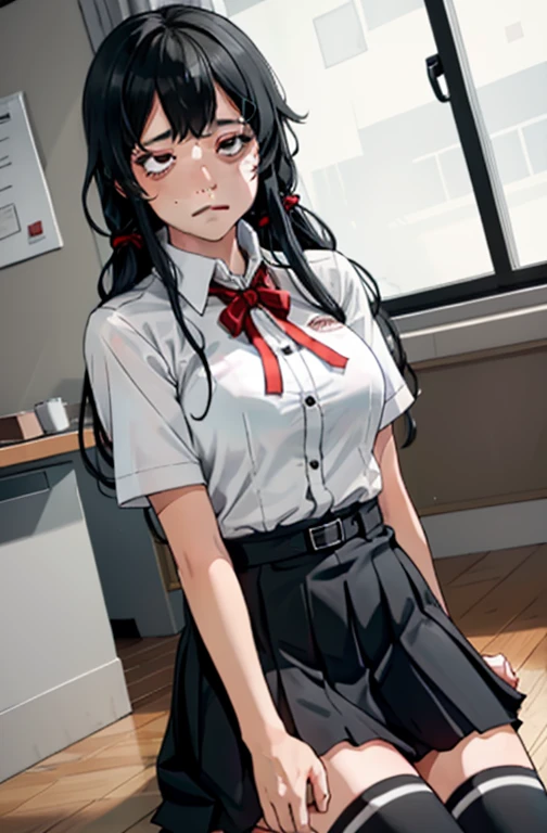 1 girl as yukino yukinoshita, absurdres, highres, solo, school uniform, big breasts, waist long black hair, (twintails:0.5), miniskirt, black thighhigh socks, loose red ribbon, unbuttoned white shirt, (ahegao:1.1), (rolling eyes:1.5), (female masturbation:1.1)