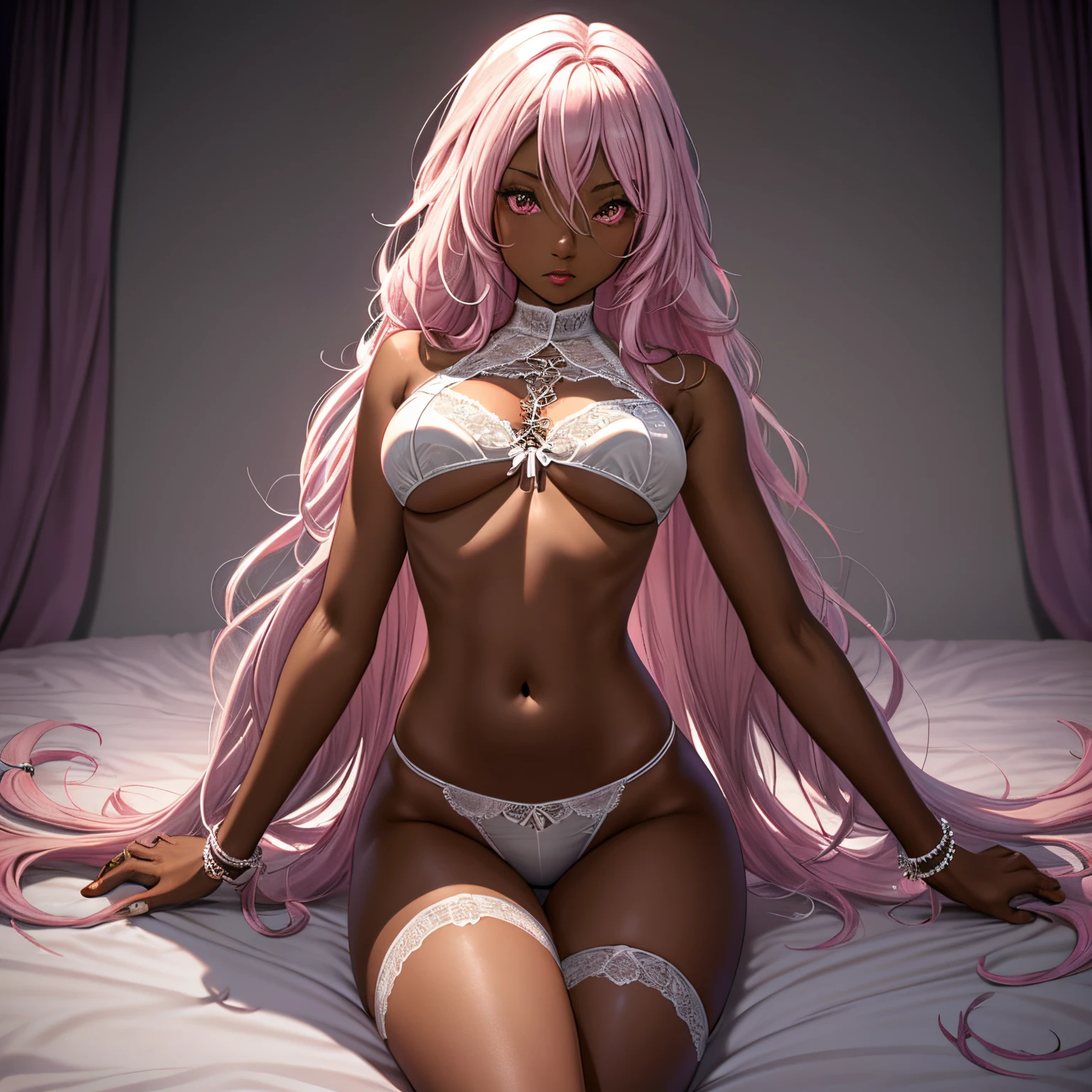 Sexy skinny ebony skinned female wearing white lacey lingerie busty, thicc thighs, has long pink wavy hair, perfect eyes, perfect face, masterpiece, solo, alone, (SOLO)(ALONE) showing belly, pink iris, legs spread open on bed