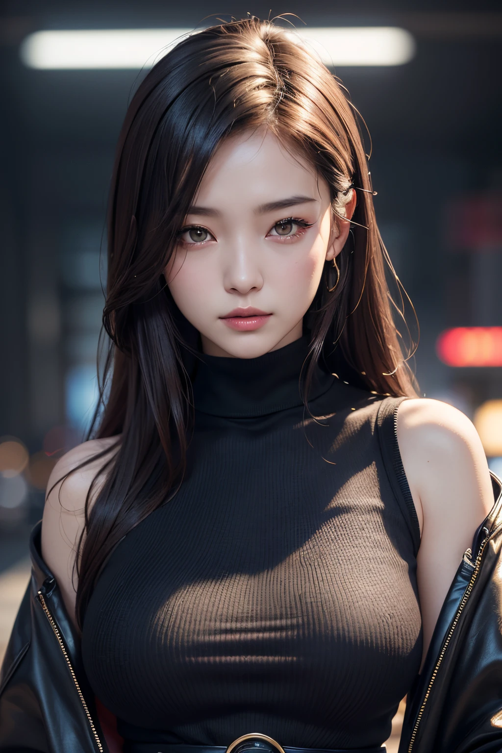 masterpiece, 1 beautiful girls, detaileds, Swollen eyes, top-quality, 超A high resolution, (现实: 1.4), OriginalPhotographs, 1girl in, 电影灯光, (A smile,:0.5) japanes, Asian Beauty, Korean, Proper, very extremely beautiful, Slightly younger face, Beautiful skins, slender, cyberpunk backgrouns, (A hyper-realistic), (illustratio), (hight resolution), (8K), (ighly detailed), (Best illustration beautifully detailed eyes), (ultra-detailliert), (wall-), (详细的脸), looking at the viewers, fine detailed, A detailed face、deep-shadows、Unobtrusive、pureerosfaceace_v1、Hit the 46-point diagonal straight ahead.、(Dark red turtleneck low gauge knit blouse), Golden Buckle Belt, Black leather pants, ((dark brown duffel coat)),、Black colored eyes、