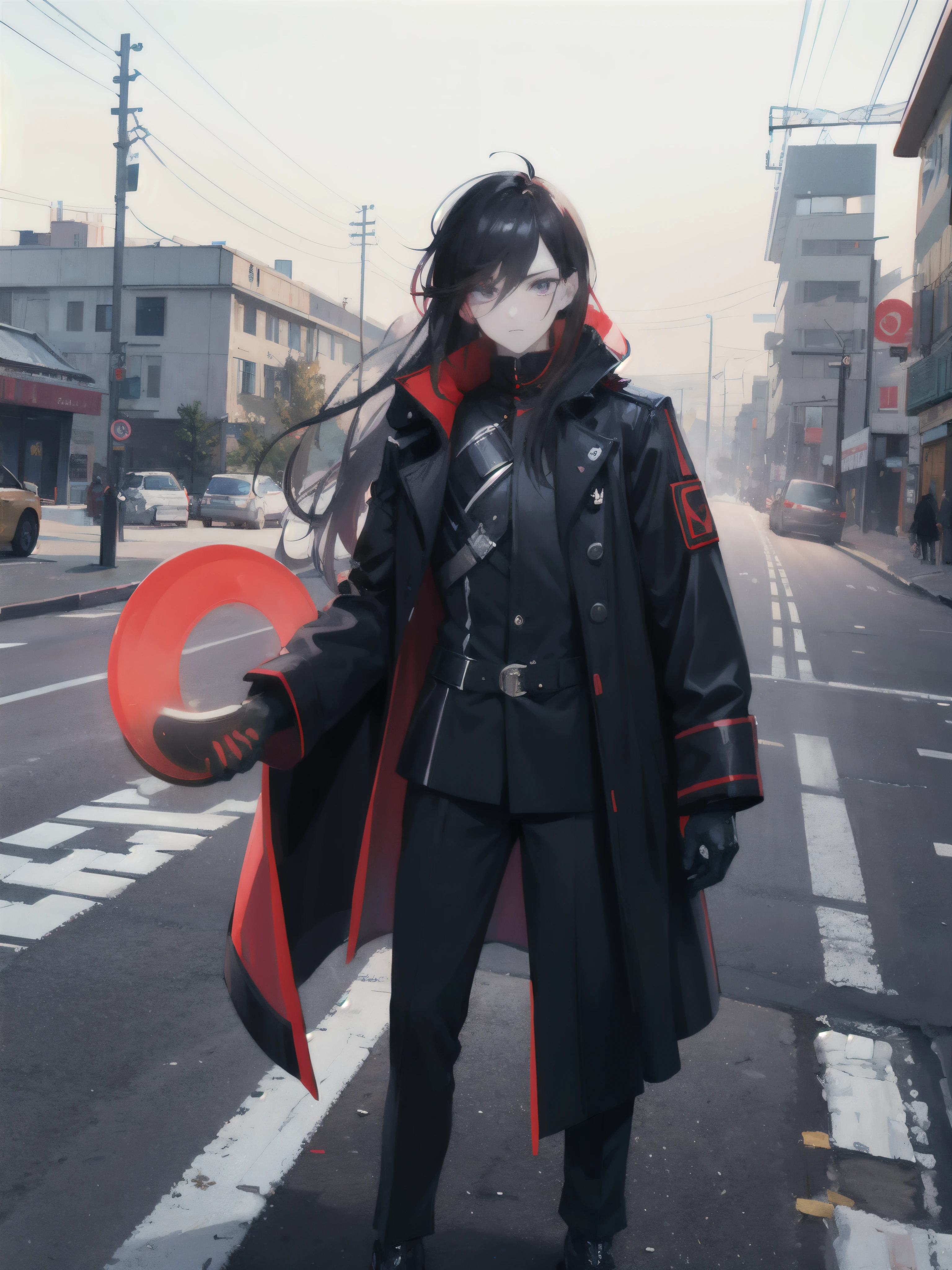 A boy in a black jacket holds a red frisbee on the sidewalk near the city.., Mirror's Edge в России, style of anton fadeev, Longhair black and red longhair, Tech-savvy long coat, comiс style, Young blonde boy fantasy thief, Realistic , dmitry prozorov style, anton fadeev 8 k, typical russian atmosphere, Future inflatable jacket