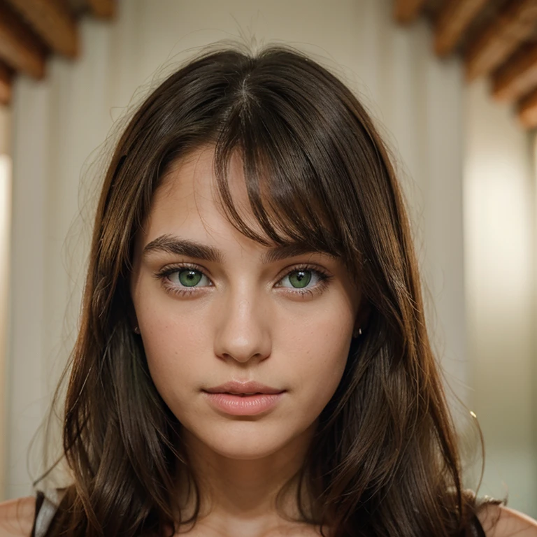 Beautiful girl with oval face, straight brunette hair just past the shoulders, olive complexion, greyish green eyes shaped like almonds and symmetrical ultrarealistic