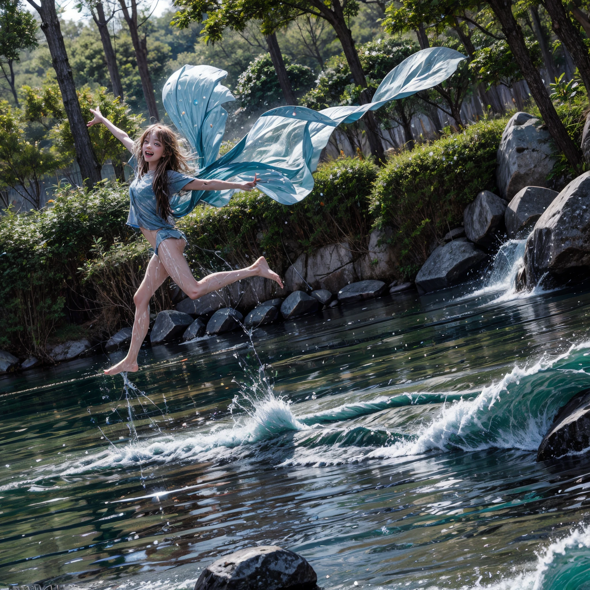 (RAW Photograph:1.5), (Exposed:1.28, nipple:-0.9),splashing water, sunshine filtering through the trees, vibrant colors, sparkling droplets, smiling faces, joyful laughter, summer vibes, peaceful atmosphere, playful movement, refreshing sensation, ripples on the water surface, dynamic action, nature backdrop, carefree spirit, lively expressions, wet hair, sunny day, sun-kissed skin, water spray, energetic motion, gleaming reflections. under the mesmerizing back lighting,