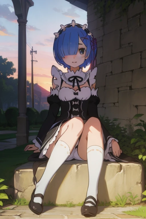 anime, hdr, soft light, ((best quality)), ((masterpiece)), (detailed), phRem, blue hair, hair over one eye, 1girl, roswaal mansion maid uniform, detached sleeves, looking at viewer, wide smile, full pose, garden, blue roses, sunset, sitting on rock, shoes,