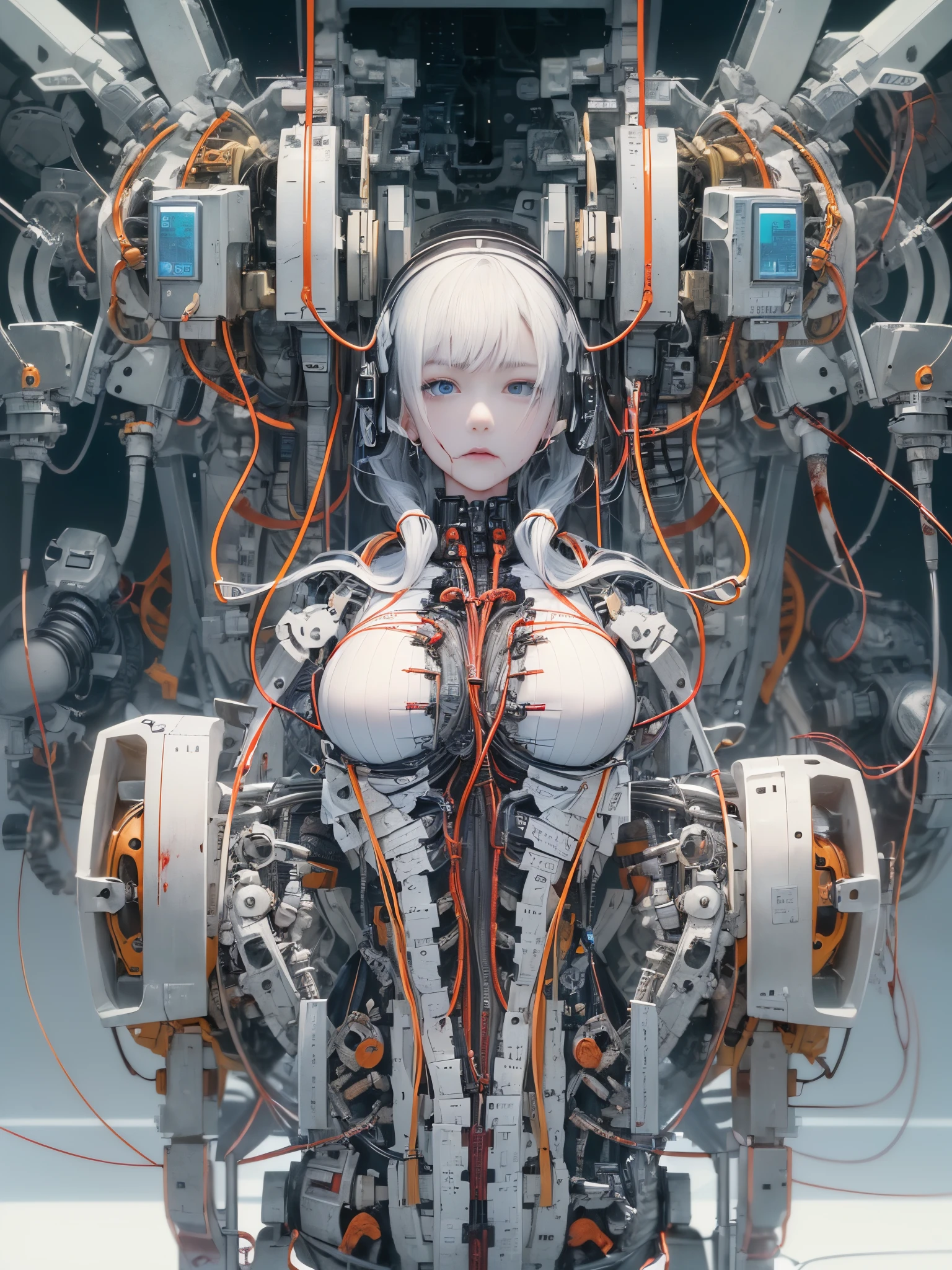 (Masterpiece, Top Quality, Best Quality, Official Art, Beautiful Indulgence: 1.2), (1 Girl: 1.3), Very Detailed, Colorful, Supreme Detail ((Ultra Detailed)), (Highly Detailed CG Illustration), ((From (Very Delicate and Beautiful)), (From Before), Cinematic Light, (1 Mechanical Girl)), 1girl, 16 years old, Solo, Full Body, (Mechanical Joints: 1.2), ((Mechanical limblood vessels connected to tubeechanical vertebrae attached to the back), ((Mechanical cervical vertebrae attached to the neck)), (sitting), expressionless, (wires and cables attached to the neck: 1.2), (Wires and cables attached to the neck: 1.2), (Character focus), science fiction, white background, (Blood: 1.5)