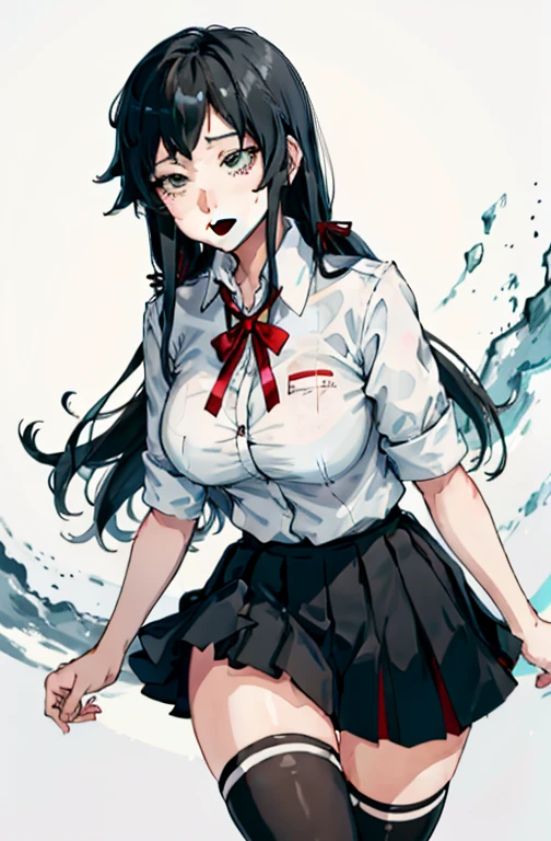 1 girl as yukino yukinoshita, absurdres, highres, solo, school uniform, big breasts, waist long black hair, (twintails:0.5), miniskirt, black thighhigh socks, loose red ribbon, unbuttoned white shirt, (ahegao:1.1), (rolling eyes:1.1), (female masturbation:1.1)