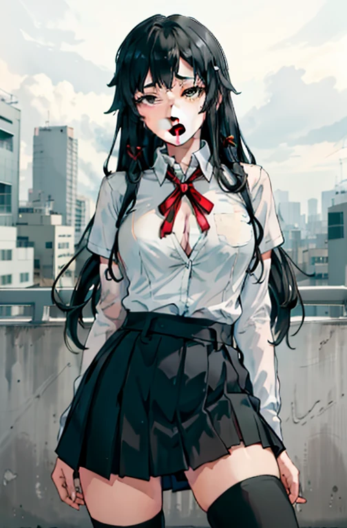 1 girl as yukino yukinoshita, absurdres, highres, solo, school uniform, big breasts, waist long black hair, (twintails:0.5), miniskirt, black thighhigh socks, loose red ribbon, unbuttoned white shirt, (ahegao:1.1), (rolling eyes:1.1), (female masturbation:1.1)