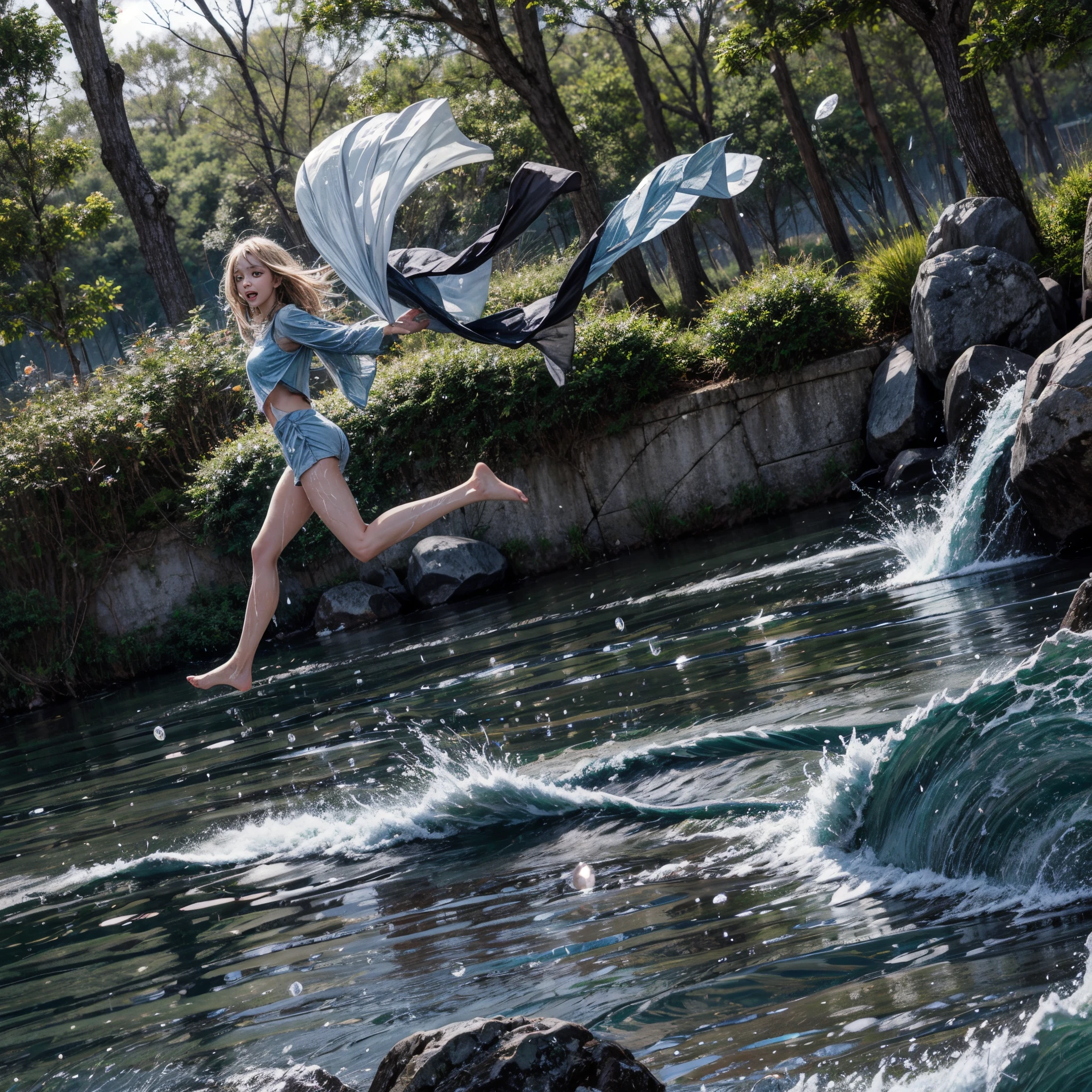 (RAW Photograph:1.5), (Exposed:1.28, nipple:-0.9),splashing water, sunshine filtering through the trees, vibrant colors, sparkling droplets, smiling faces, joyful laughter, summer vibes, peaceful atmosphere, playful movement, refreshing sensation, ripples on the water surface, dynamic action, nature backdrop, carefree spirit, lively expressions, wet hair, sunny day, sun-kissed skin, water spray, energetic motion, gleaming reflections. under the mesmerizing back lighting,